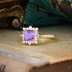Princess Cut 1.2 Carat Amethyst Pave Ring Halo Engagement Ring