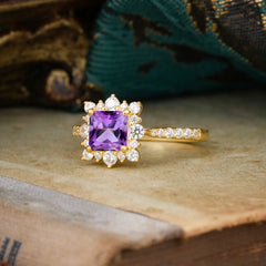 Princess Cut 1.2 Carat Amethyst Pave Ring Halo Engagement Ring