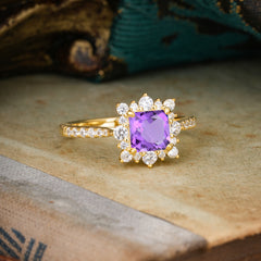 Princess Cut 1.2 Carat Amethyst Pave Ring Halo Engagement Ring