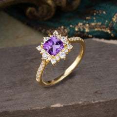 Princess Cut 1.2 Carat Amethyst Pave Ring Halo Engagement Ring