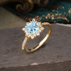 Princess Cut 1.2 Carat Aquamarine Pave Ring Halo Engagement Ring