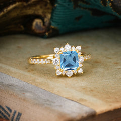 Princess Cut 1.2 Carat Aquamarine Pave Ring Halo Engagement Ring