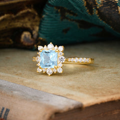 Princess Cut 1.2 Carat Aquamarine Pave Ring Halo Engagement Ring