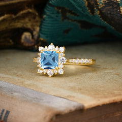 Princess Cut 1.2 Carat Aquamarine Pave Ring Halo Engagement Ring