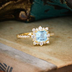 Princess Cut 1.2 Carat Aquamarine Pave Ring Halo Engagement Ring