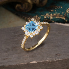 Princess Cut 1.2 Carat Aquamarine Pave Ring Halo Engagement Ring