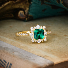 Princess Cut 1.2 Carat Emerald Pave Ring Halo Engagement Ring