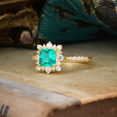Princess Cut 1.2 Carat Emerald Pave Ring Halo Engagement Ring