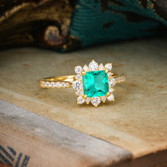Princess Cut 1.2 Carat Emerald Pave Ring Halo Engagement Ring