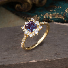 Princess Cut 1.2 Carat Alexandrite Pave Ring Halo Engagement Ring