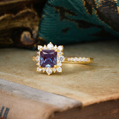 Princess Cut 1.2 Carat Alexandrite Pave Ring Halo Engagement Ring