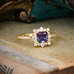 Princess Cut 1.2 Carat Alexandrite Pave Ring Halo Engagement Ring