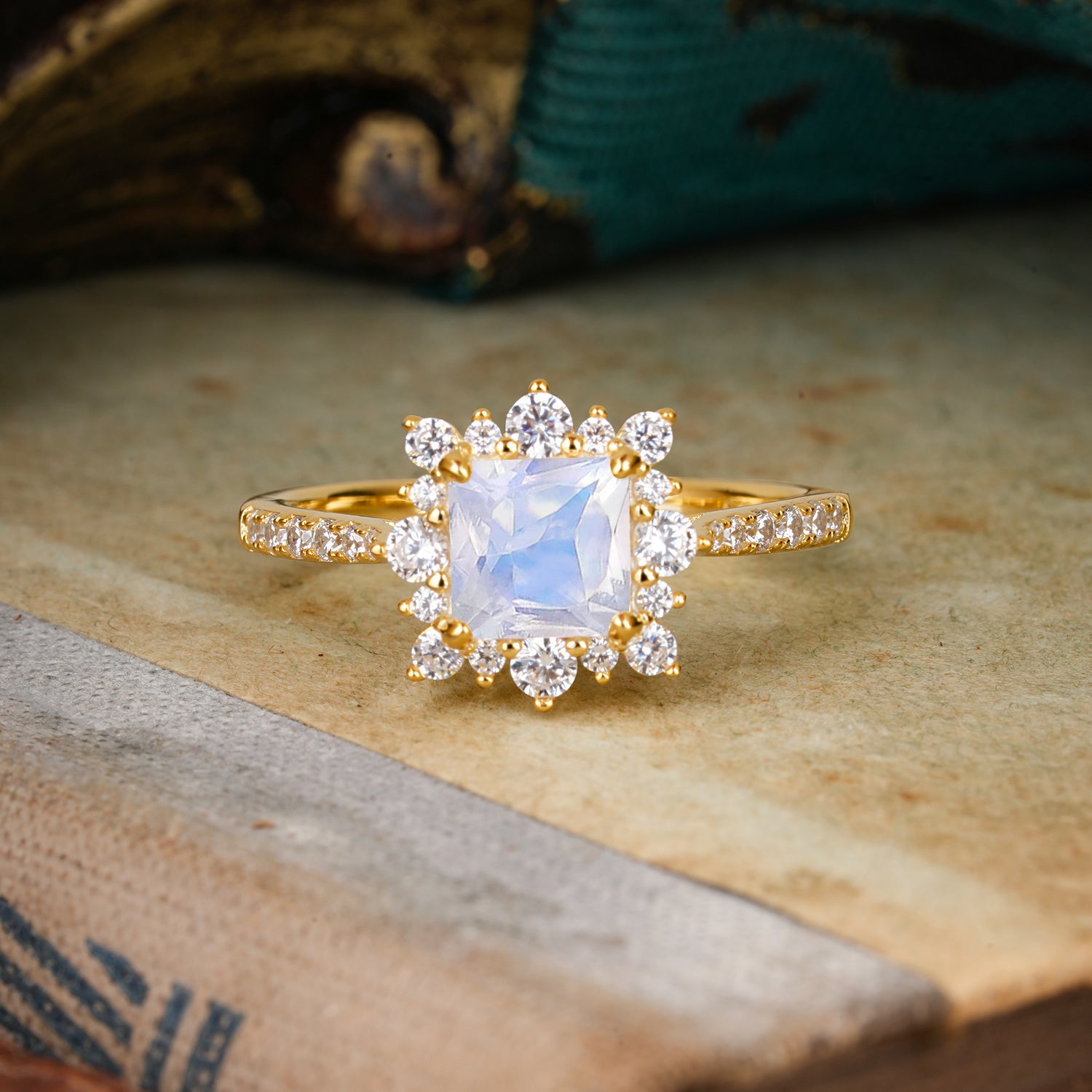 Princess Cut 1.2 Carat Moonstone Pave Ring Halo Engagement Ring