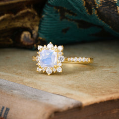 Princess Cut 1.2 Carat Moonstone Pave Ring Halo Engagement Ring