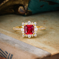 Princess Cut 1.2 Carat Ruby Pave Ring Halo Engagement Ring