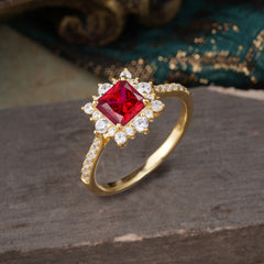 Princess Cut 1.2 Carat Ruby Pave Ring Halo Engagement Ring