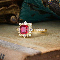 Princess Cut 1.2 Carat Ruby Pave Ring Halo Engagement Ring