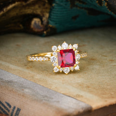 Princess Cut 1.2 Carat Ruby Pave Ring Halo Engagement Ring