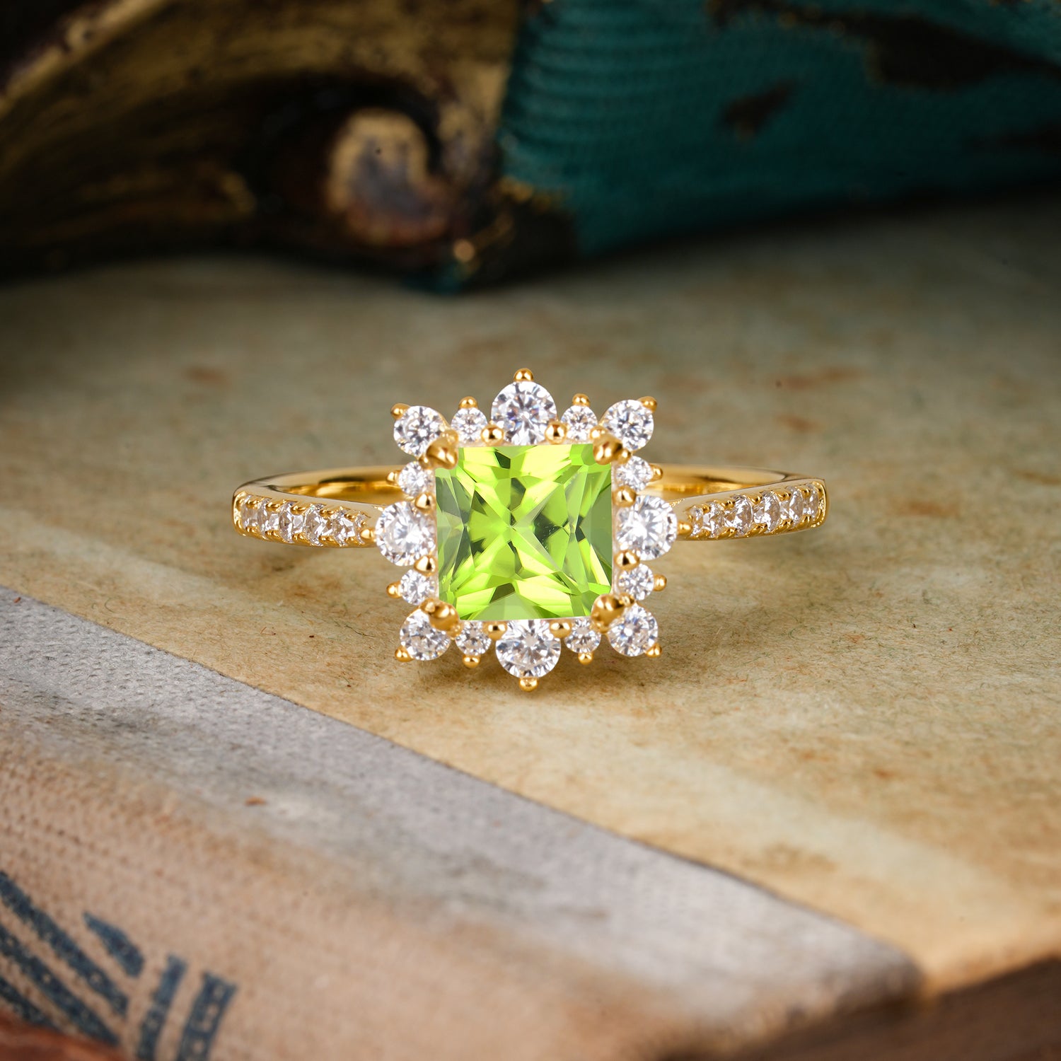 Princess Cut 1.2 Carat Peridot Pave Ring Halo Engagement Ring