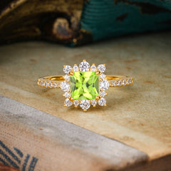 Princess Cut 1.2 Carat Peridot Pave Ring Halo Engagement Ring