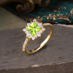 Princess Cut 1.2 Carat Peridot Pave Ring Halo Engagement Ring