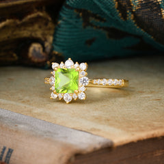 Princess Cut 1.2 Carat Moss Agate Pave Ring Halo Engagement Ring