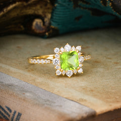 Princess Cut 1.2 Carat Peridot Pave Ring Halo Engagement Ring