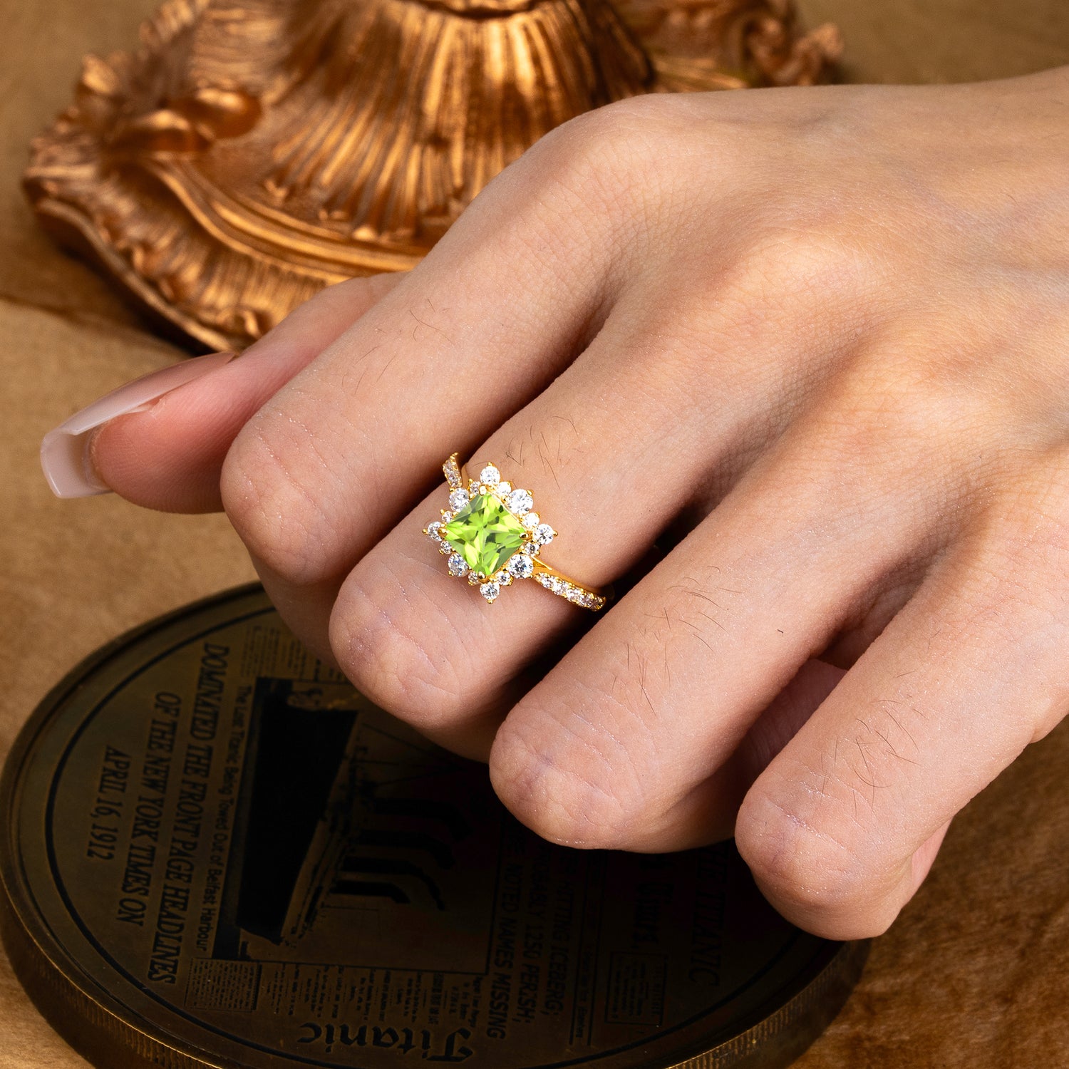 Princess Cut 1.2 Carat Peridot Pave Ring Halo Engagement Ring