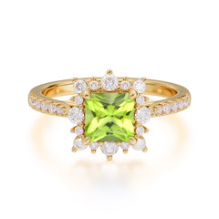 Princess Cut 1.2 Carat Peridot Pave Ring Halo Engagement Ring