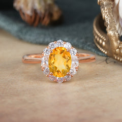 1.5 Carat Classic Halo Citrine Ring Oval Shaped Engagement Ring