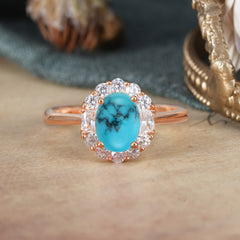 1.5 Carat Classic Halo Lab Grown Turquoise Ring Oval Shaped Engagement Ring