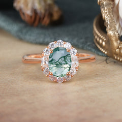 1.5 Carat Classic Halo Lab Grown Moss Agate Ring Oval Shaped Engagement Ring