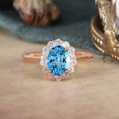1.5 Carat Classic Halo Lab Grown Aquamarine Ring Oval Shaped Engagement Ring