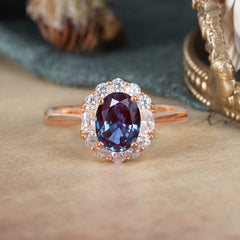1.5 Carat Classic Halo Lab Grown Alexandrite Ring Oval Shaped Engagement Ring