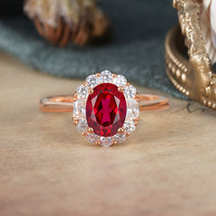 1.5 Carat Classic Halo 4 Prong Ruby Ring Oval Shaped Engagement Ring