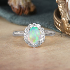 1.5 Carat Classic Halo Lab Grown Opal Ring Oval Shaped Engagement Ring