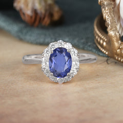 1.5 Carat Classic Halo Tanzanite Ring Oval Shaped Engagement Ring