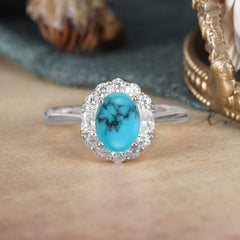 1.5 Carat Classic Halo Lab Grown Turquoise Ring Oval Shaped Engagement Ring