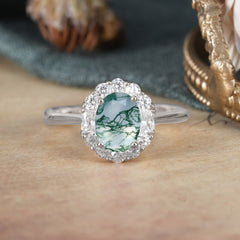 1.5 Carat Classic Halo Lab Grown Moss Agate Ring Oval Shaped Engagement Ring