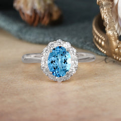 1.5 Carat Classic Halo Lab Grown Aquamarine Ring Oval Shaped Engagement Ring