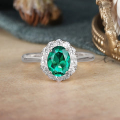 1.5 Carat Classic Halo Lab Grown Emerald Ring Oval Shaped Engagement Ring