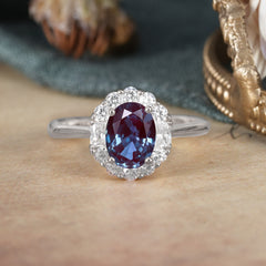 1.5 Carat Classic Halo Lab Grown Alexandrite Ring Oval Shaped Engagement Ring