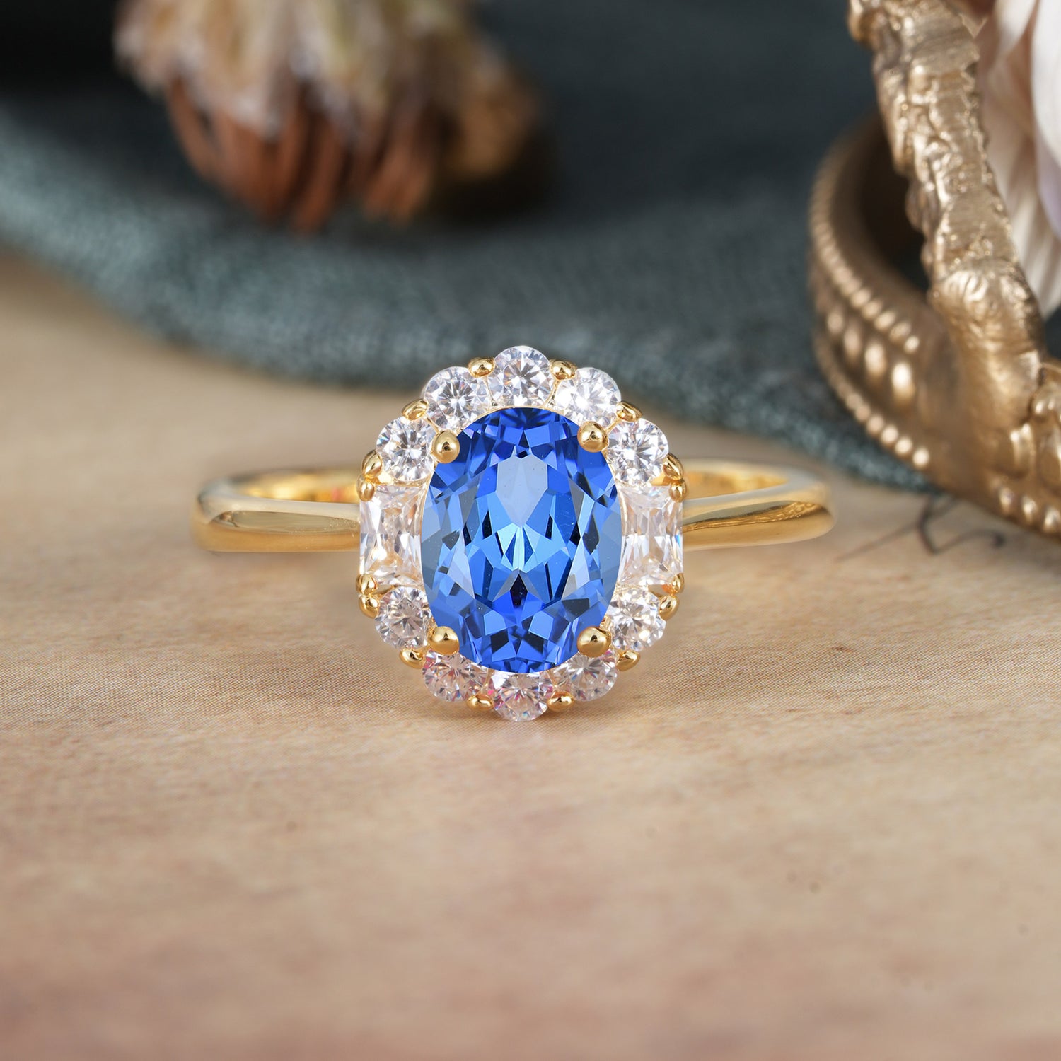 1.5 Carat Classic Cluster Lab Grown Sapphire Ring Oval Shaped Engagement Ring