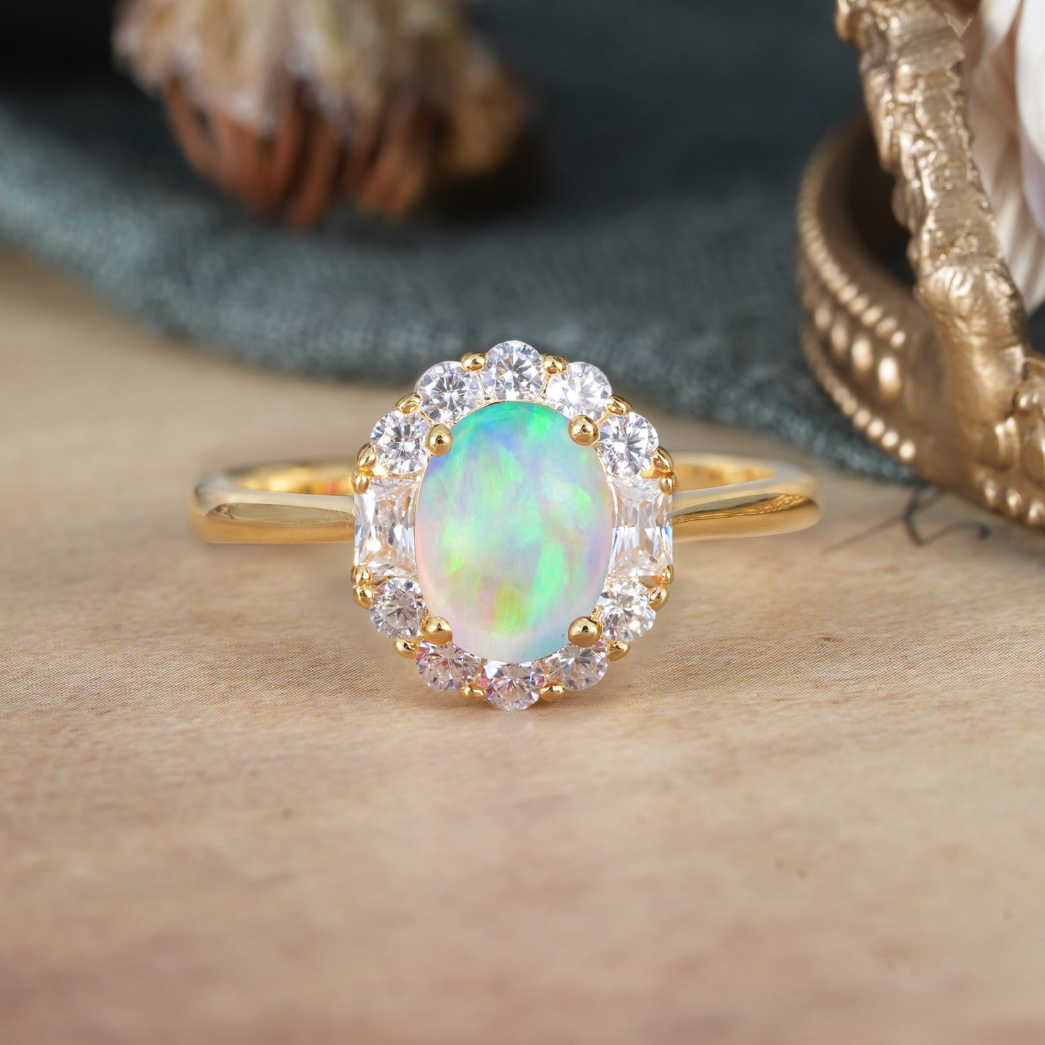 1.5 Carat Classic Cluster Lab Grown Opal Ring Oval Shaped Engagement Ring