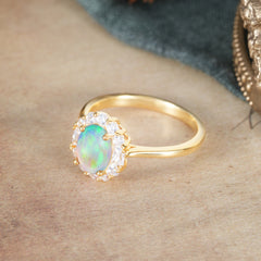 1.5 Carat Classic Halo Lab Grown Opal Ring Oval Shaped Engagement Ring