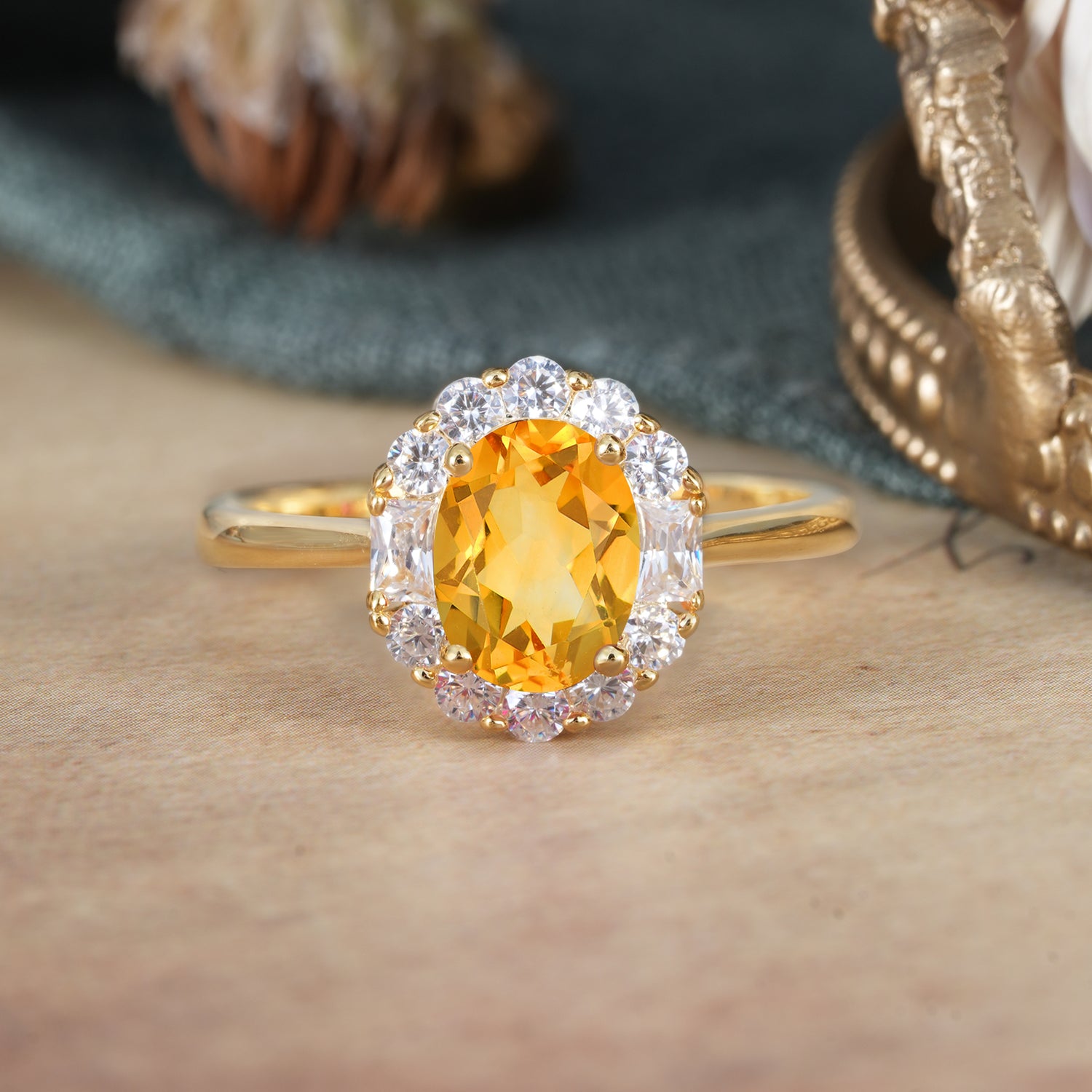 1.5 Carat Classic Cluster Citrine Ring Oval Shaped Engagement Ring