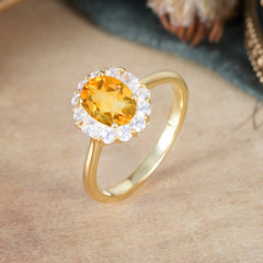 1.5 Carat Classic Halo Citrine Ring Oval Shaped Engagement Ring