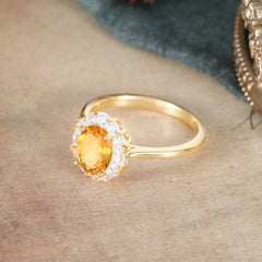 1.5 Carat Classic Halo Citrine Ring Oval Shaped Engagement Ring