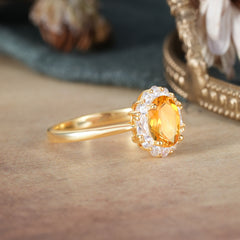 1.5 Carat Classic Halo Citrine Ring Oval Shaped Engagement Ring