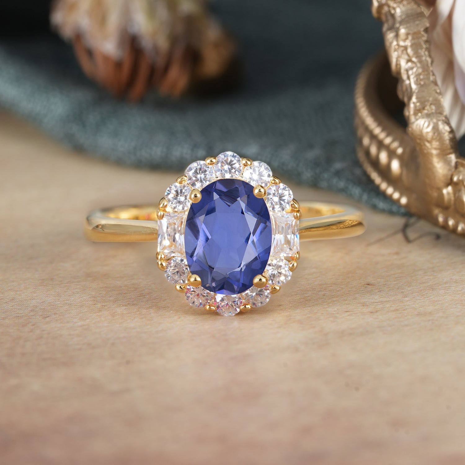 1.5 Carat Classic Cluster Tanzanite Ring Oval Shaped Engagement Ring